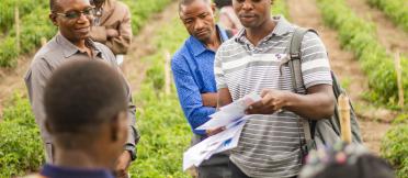 A group of men in a field, with one holding papers, sharing information with the others.