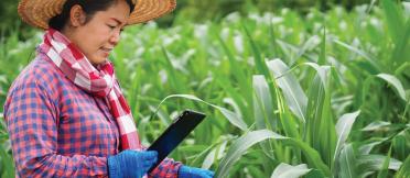 Women in crop wearing hat and gloves looking at a mobile device