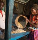 A man and woman pouring grain