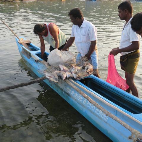 Group of men with fishing boat in Sri Lanka