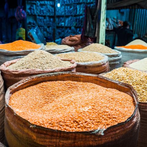 Bag of grain (lentils) in market