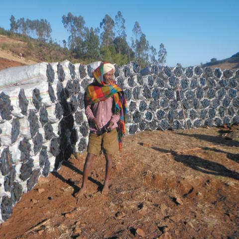 An Ethiopian farmer stands beside his bags of Acacia decurrens charcoal. 