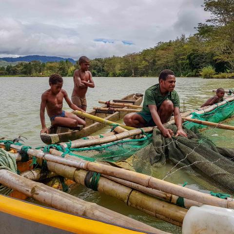 A floating fish farm in Yonki Reservoir in the Eastern Highlands Province of PNG, showing lush vegetation against high mountains in the background. A man and two young boys on a raft, pull a fish net.