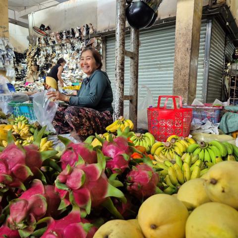 A woman sitting behind a table of dragonfruit and mangoes at a market stall