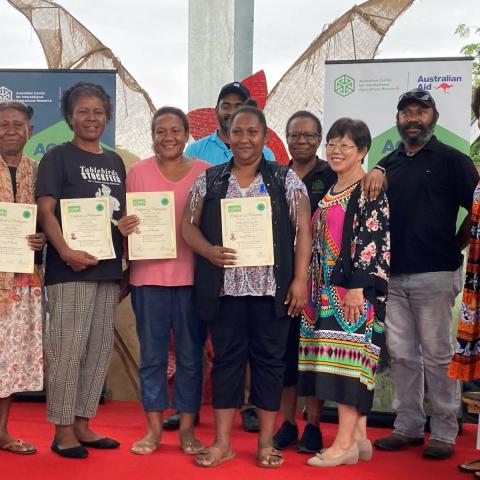 Group of participants standing on a stage holding certificates, with ACIAR and Australian Aid banners behind them.