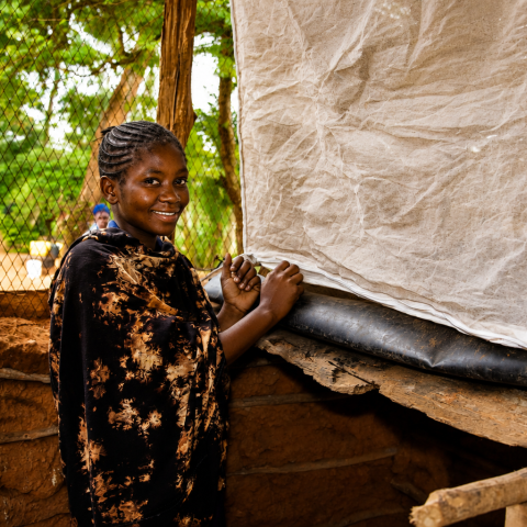 Person standing beside an insect-rearing enclosure covered with mesh fabric.