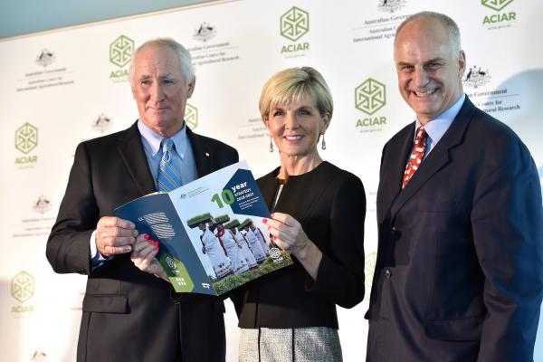 Then Foreign Minister, The Hon Julie Bishop MP (centre), with ACIAR CEO, Andrew Campbell (right) and ACIAR Commission Chair, Mr Don Heatley OAM (left) launching ACIAR's ten-year strategy in February 2018.