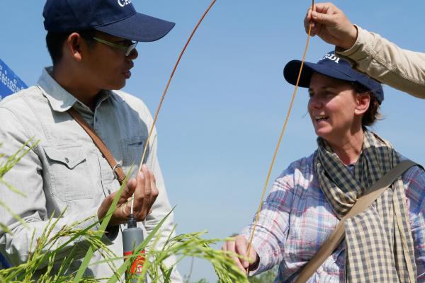 Soil researcher Dr Wendy Vance from the Murdoch University with Veasna Touch (left) a soil researcher from the local parter CARDI (Cambodian Agriculture Research and Development Institute) at one of the test sites.