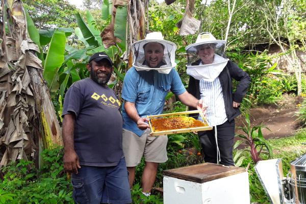 (L-R) Head of Helping hands Honey production Kelly Inae, showing Chris Cannizzaro and Professor Helen Wallace pollen frames from his hives in Goroka. Research has just been concluded on the composition of bee diets in PNG that will provide useful information for improved honey production. Photo supplied by Chris Cannizzaro.