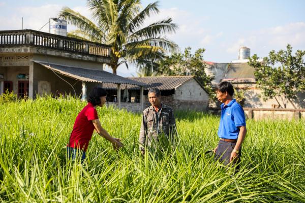 Researcher talking to farmers in Vietnam 