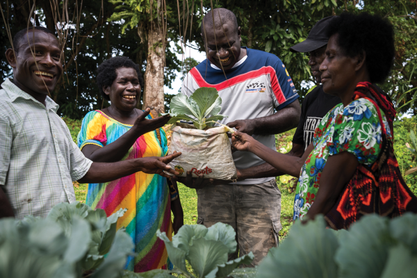 Three men and two women holding up a hessian sack with a cabbage growing in it. They are all smiling and looking at the cabbage. There are some cabbages in the foreground, and trees in the background. 