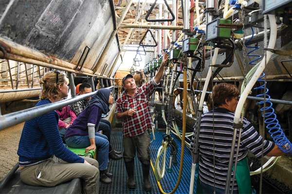 A man in a checked flannelette shirt is standing in a cattle milking shed. A group of students to his left are observing. The man is pointing overhead at a piece of machinery. There is also a woman to his right who is working with the machinery and cows. 