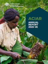 Cover of the ACIAR Annual Report 2025–26, featuring a person harvesting a crop in a green field.