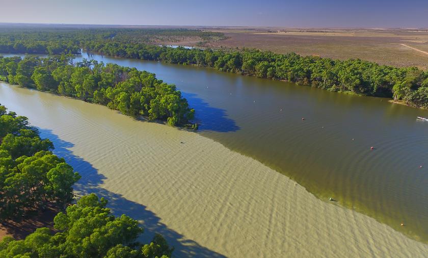 aerial view of the river with vegetation on the river banks 