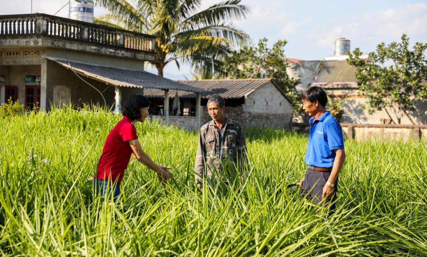 Researcher talking to farmers in Vietnam 