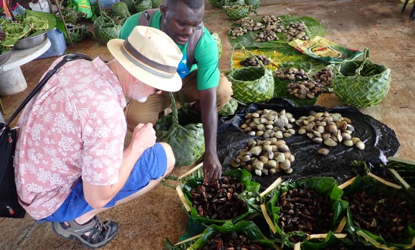 Project Leader Dr James Butler inspects produce at a local market in the Solomon Islands.